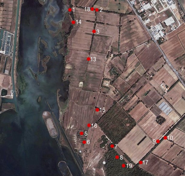 Nestboxes (numbered red circles) installed in WWF-Italy's "Laguna di Orbetello" Nature Reserve