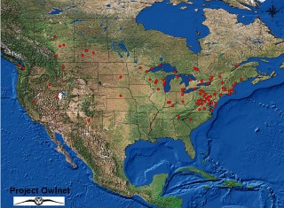 Banding Stations (red dots) for migratory owls in the United Stated and Canada
