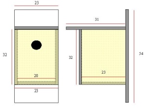 Drawing of nest box for scops owls and hopooes