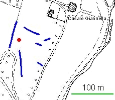 "Laguna di Orbetello" banding station, in operation in 2002 and 2003. The blue lines are mistnets, the red circle is the broadcasting device (audiolure)